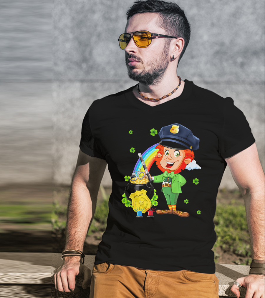 Police Leprechaun Pot Of Gold Rainbow Clover St. Patricks T-Shirt