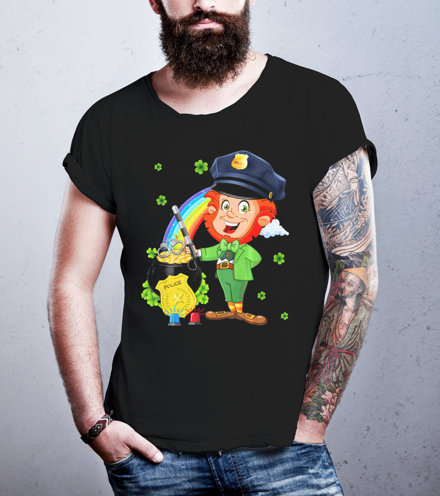 Police Leprechaun Pot Of Gold Rainbow Clover St. Patricks T-Shirt