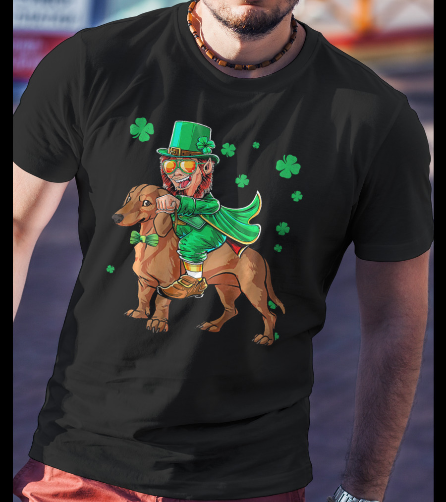 Leprechaun Riding Dachshund With Shamrocks St. Patrick's Day T-Shirt