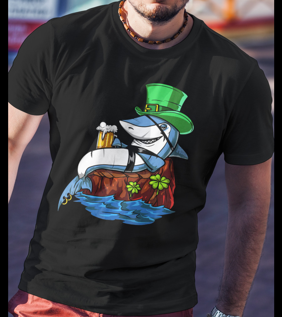 Leprechaun Shark Pirate St Patricks Beer Shamrock Rock T-Shirt