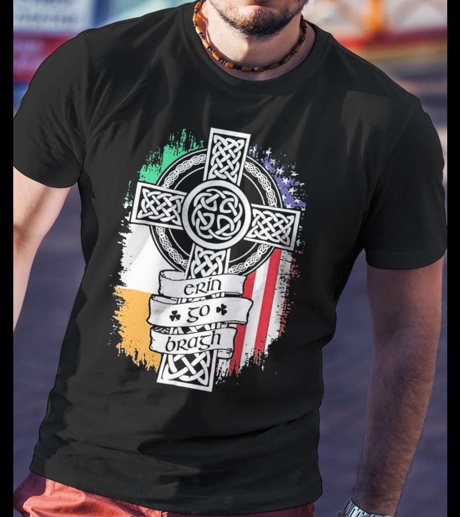 Erin Go Bragh Celtic Cross Irish American Flag T-Shirt