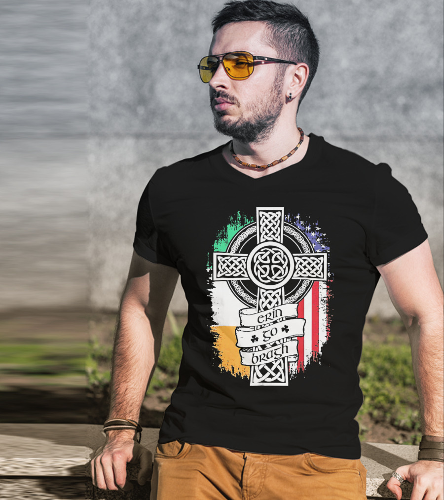 Erin Go Bragh Celtic Cross Irish American Flag T-Shirt