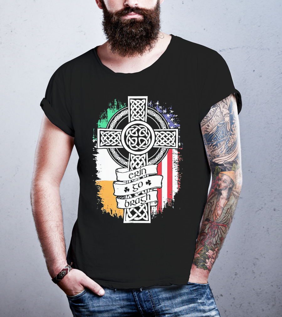 Erin Go Bragh Celtic Cross Irish American Flag T-Shirt