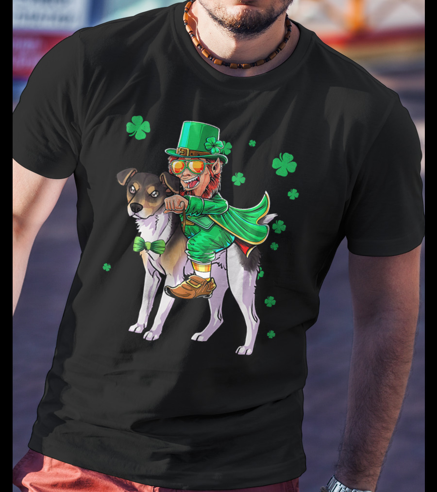 Leprechaun Riding Rat Terrier With Shamrock Pattern St Patrick's Day T-Shirt