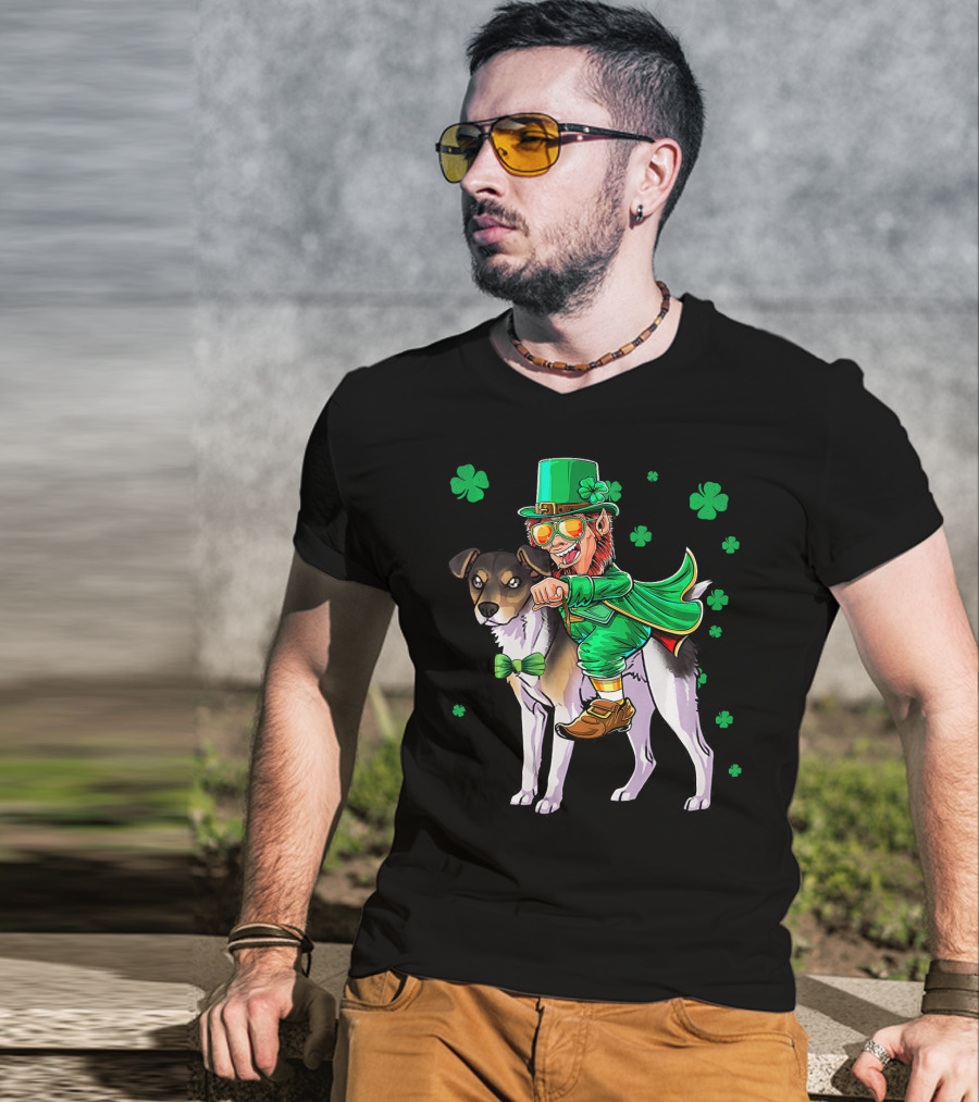 Leprechaun Riding Rat Terrier With Shamrock Pattern St Patrick's Day T-Shirt