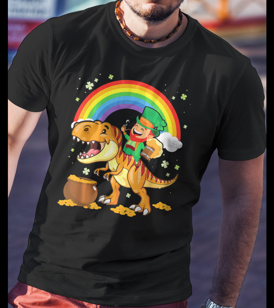 Leprechaun Drinking Beer Riding Dinosaur Under Rainbow With Pot Of Gold T-Shirt