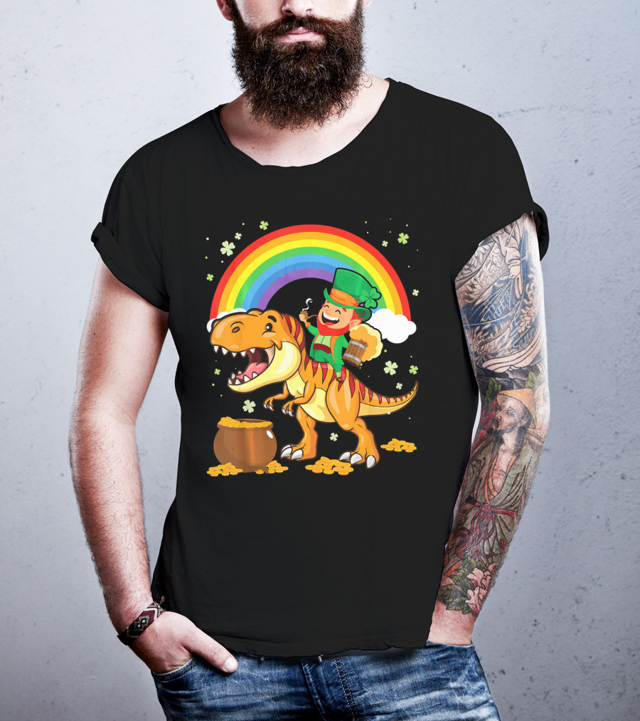 Leprechaun Drinking Beer Riding Dinosaur Under Rainbow With Pot Of Gold T-Shirt