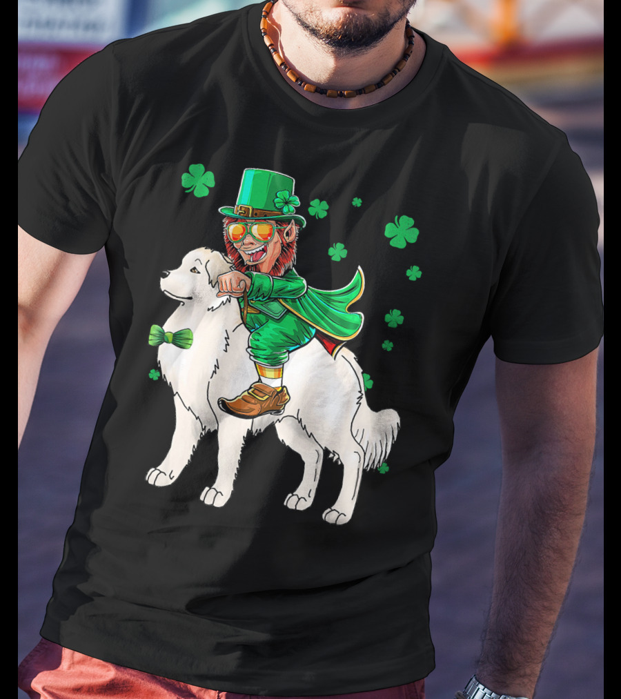 Great Pyrenees Leprechaun Riding Shamrock T-Shirt