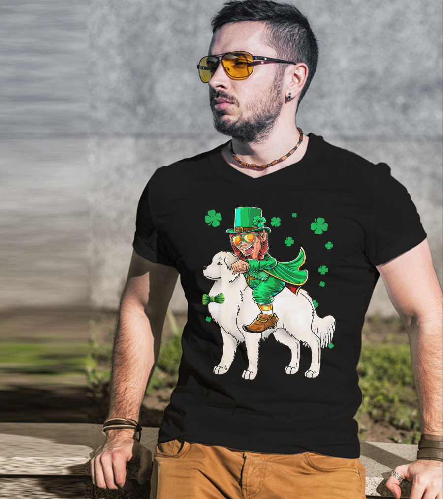 Great Pyrenees Leprechaun Riding Shamrock T-Shirt