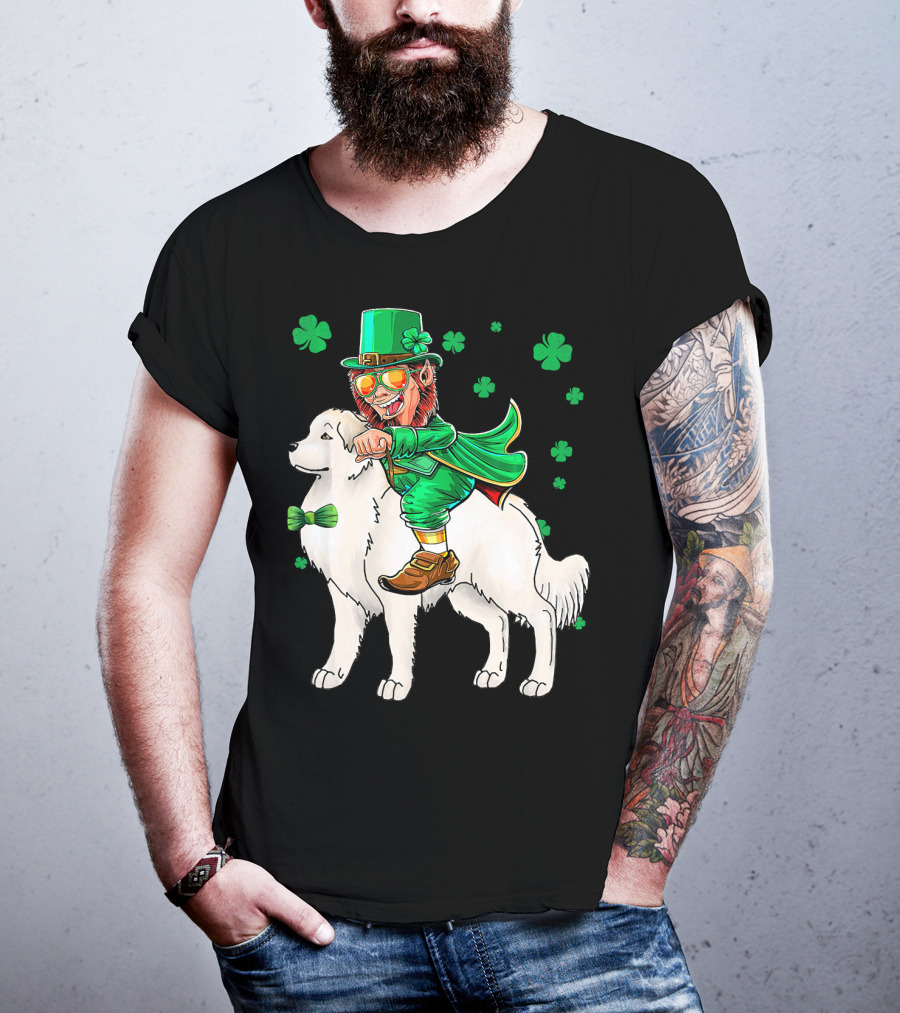 Great Pyrenees Leprechaun Riding Shamrock T-Shirt