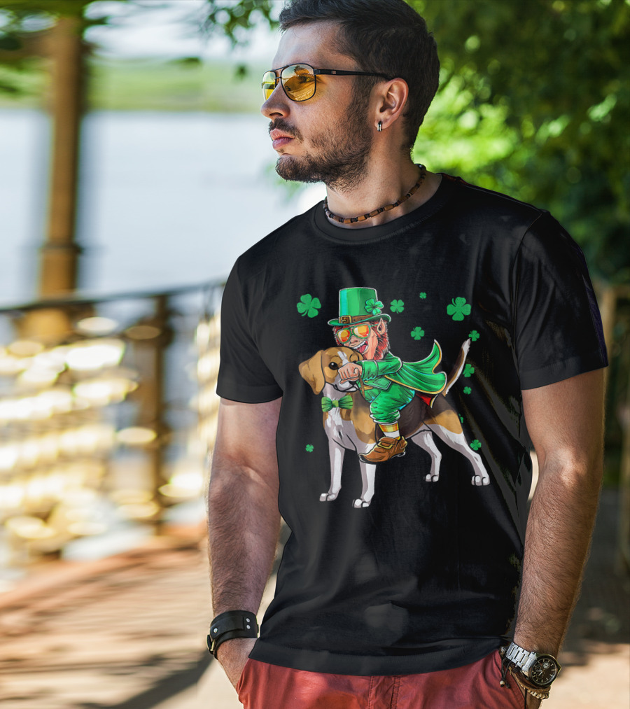 Leprechaun Riding Beagle With Shamrocks For St. Patrick's Day T-Shirt