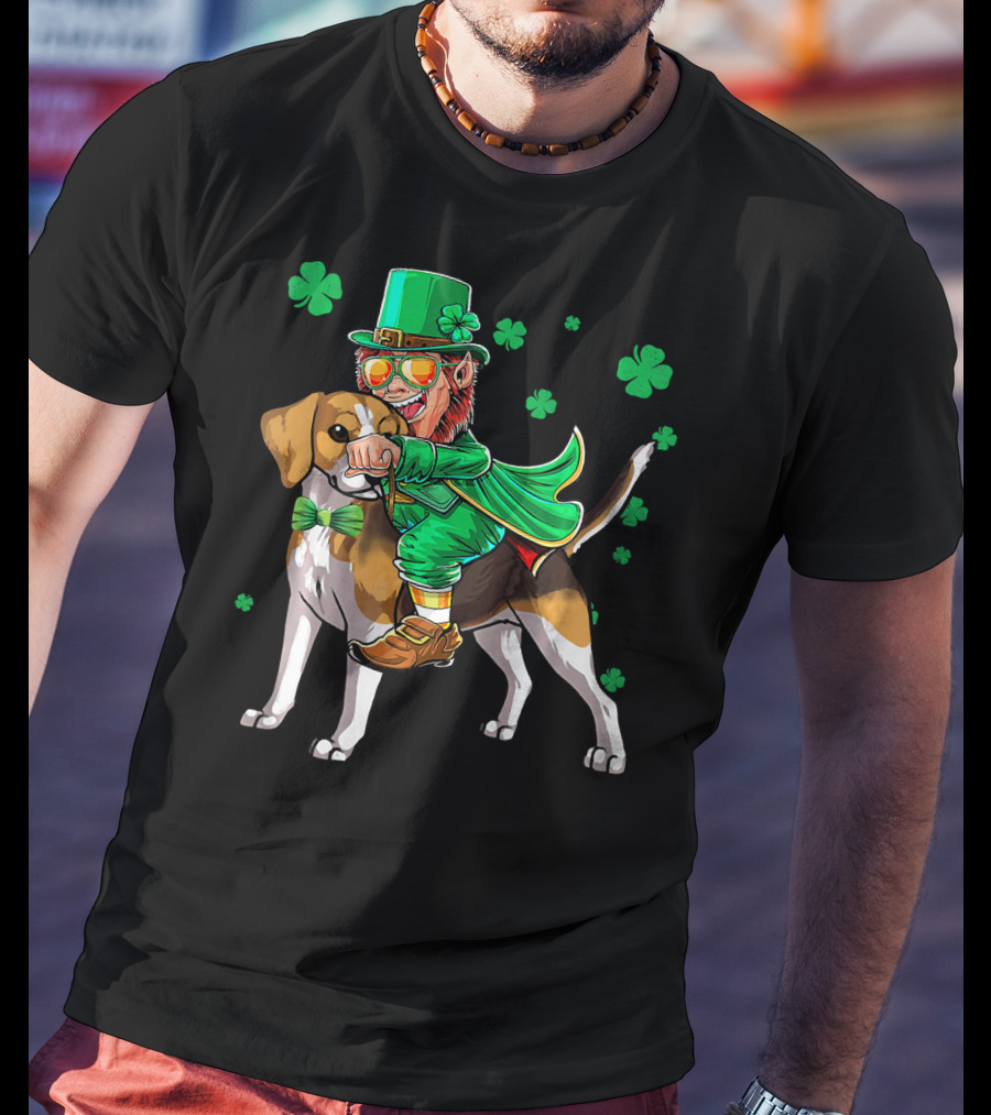 Leprechaun Riding Beagle With Shamrocks For St. Patrick's Day T-Shirt