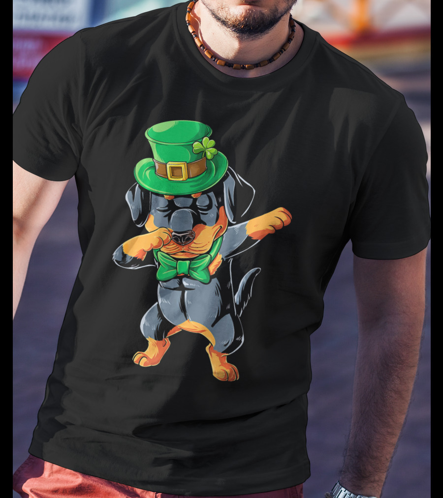 Dabbing Rottweiler St. Patrick's Day Hat And Bow Tie T-Shirt