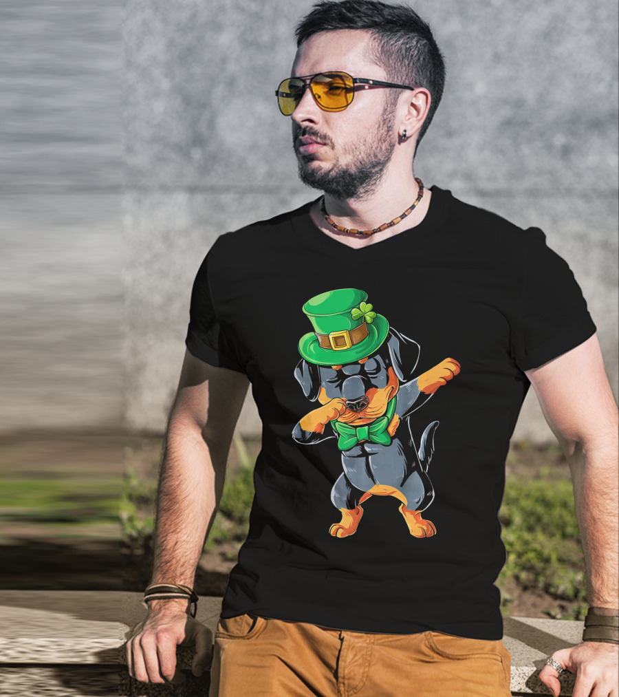 Dabbing Rottweiler St. Patrick's Day Hat And Bow Tie T-Shirt