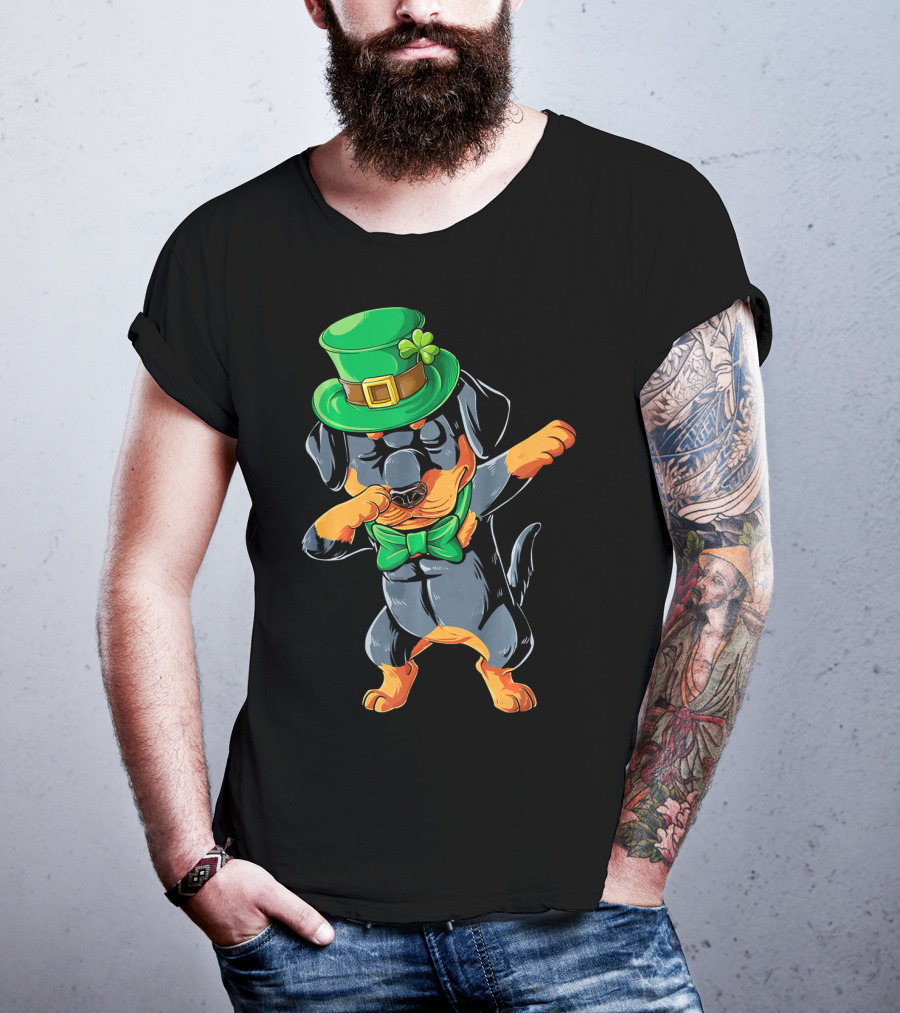 Dabbing Rottweiler St. Patrick's Day Hat And Bow Tie T-Shirt