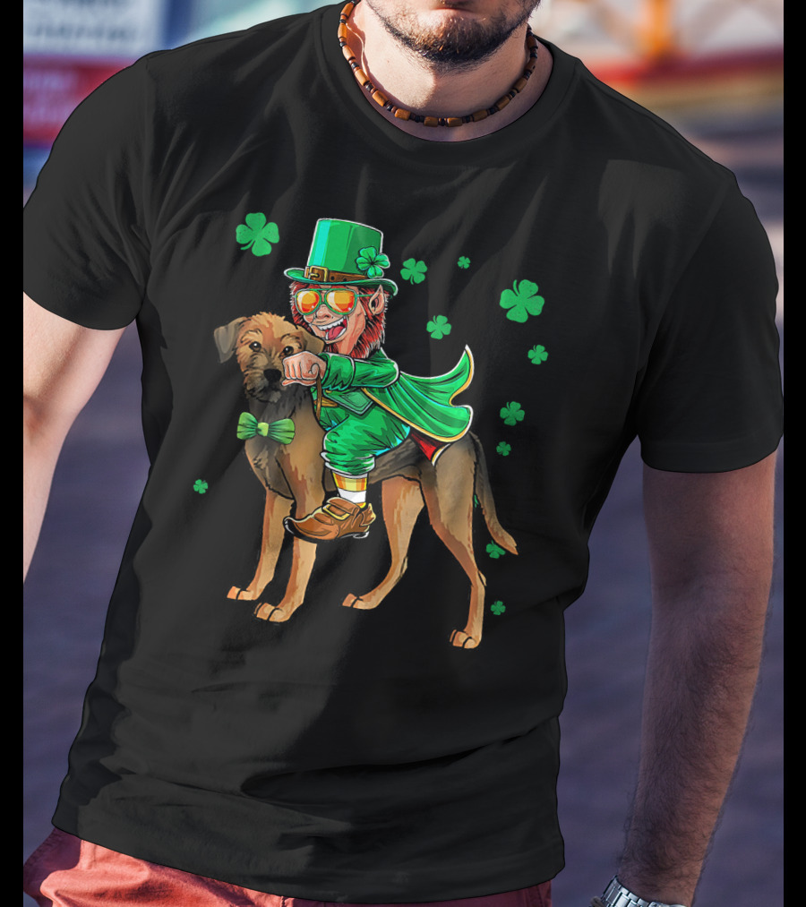 Leprechaun Riding Border Terrier With Shamrocks T-Shirt