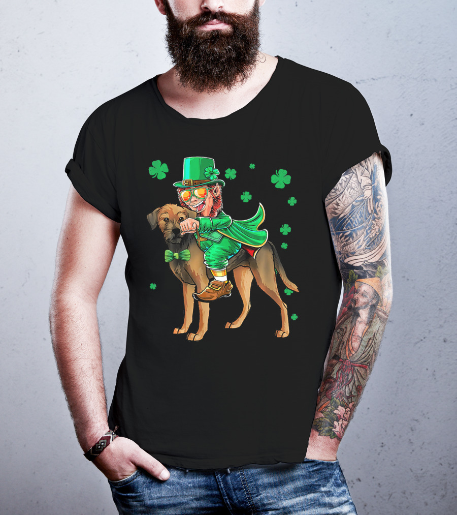 Leprechaun Riding Border Terrier With Shamrocks T-Shirt
