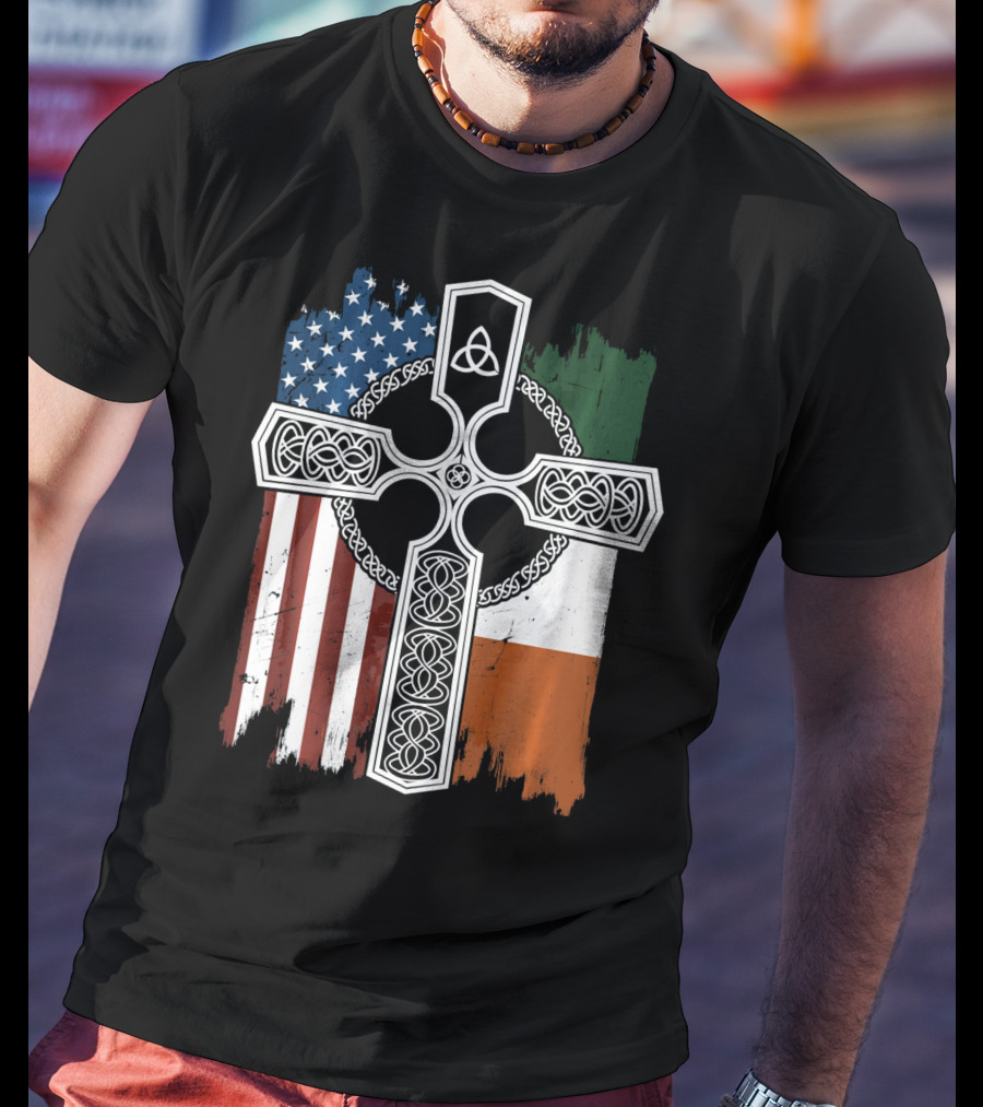 American Irish Flag Celtic Cross With Triquetra T-Shirt