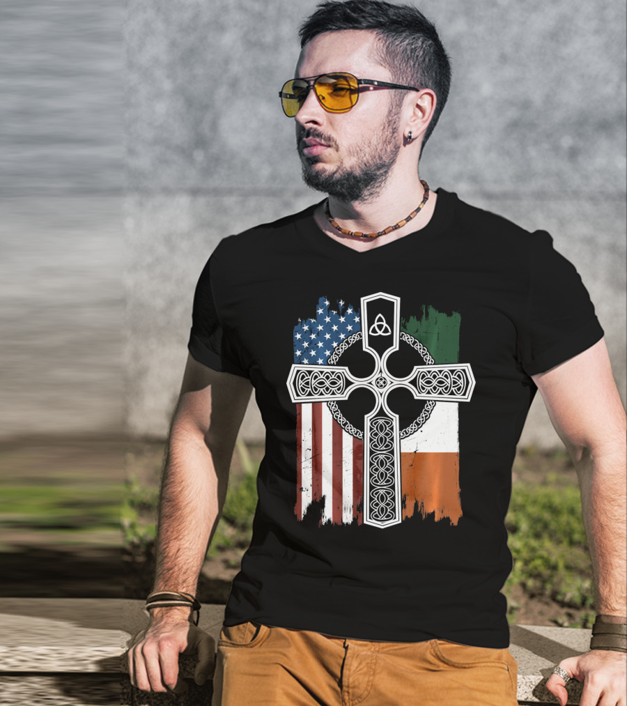 American Irish Flag Celtic Cross With Triquetra T-Shirt