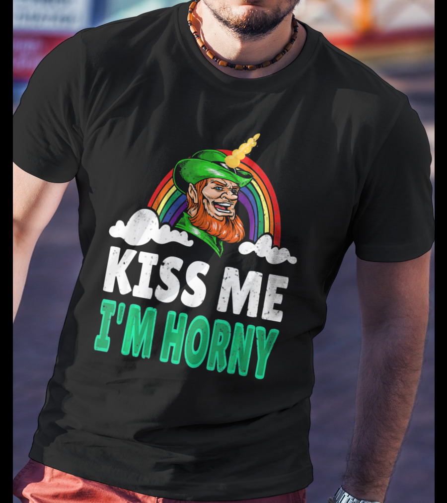 Kiss Me I'm Horny St Patricks Day Lepricorn Rainbow T-Shirt