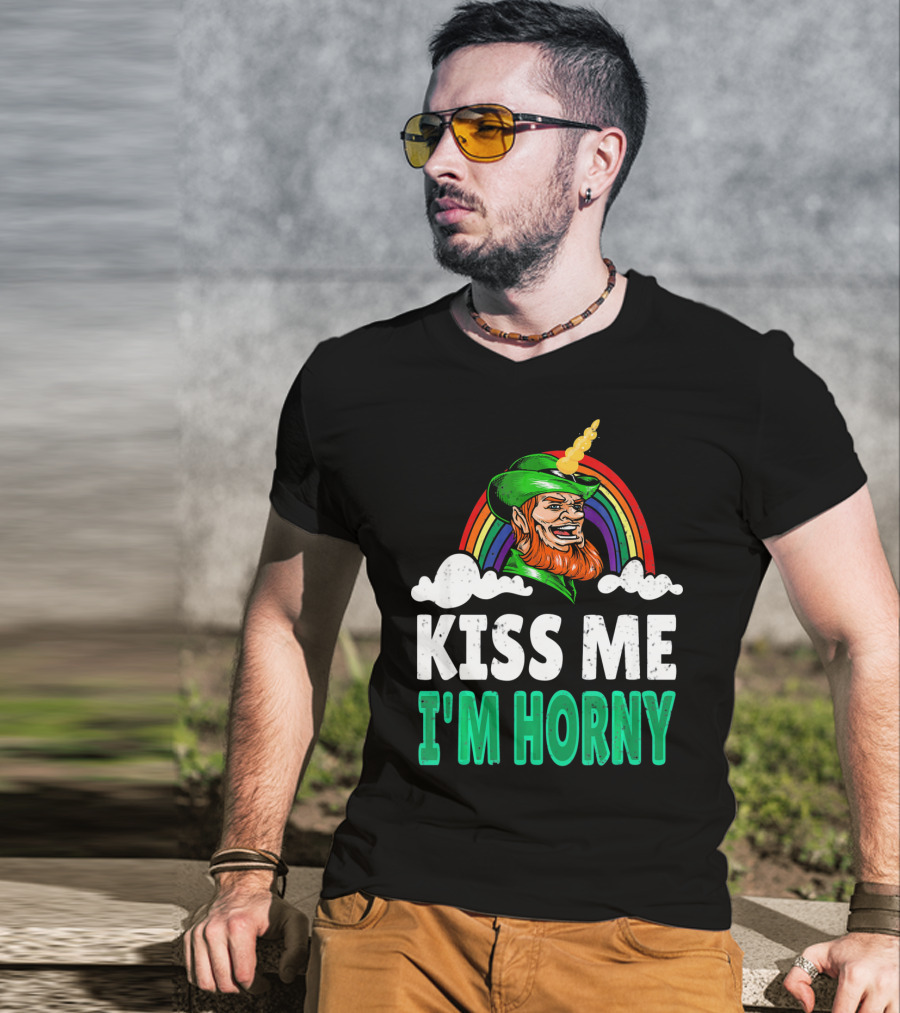 Kiss Me I'm Horny St Patricks Day Lepricorn Rainbow T-Shirt