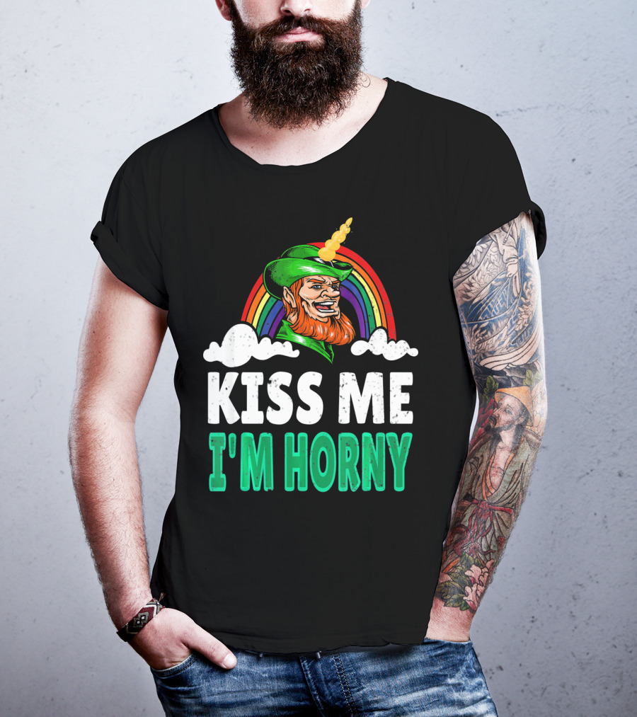 Kiss Me I'm Horny St Patricks Day Lepricorn Rainbow T-Shirt
