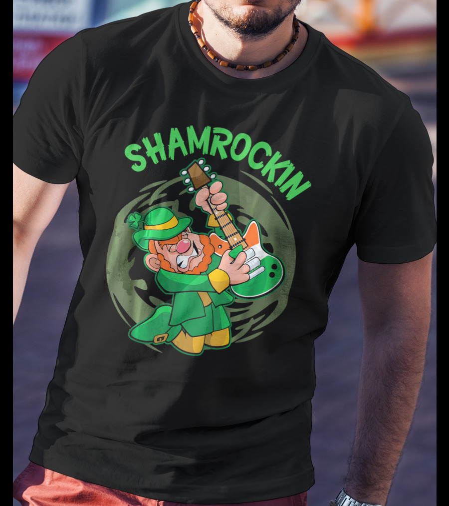 Shamrockin Leprechaun Playing Guitar In Green T-Shirt