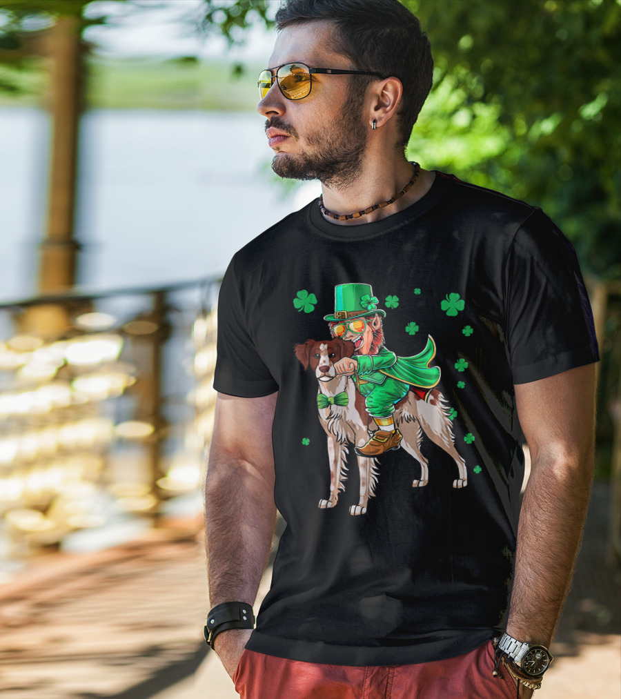 Leprechaun Rides Brittany Spaniel With Shamrock Accents T-Shirt