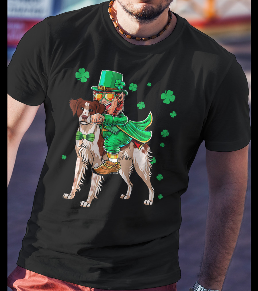Leprechaun Rides Brittany Spaniel With Shamrock Accents T-Shirt