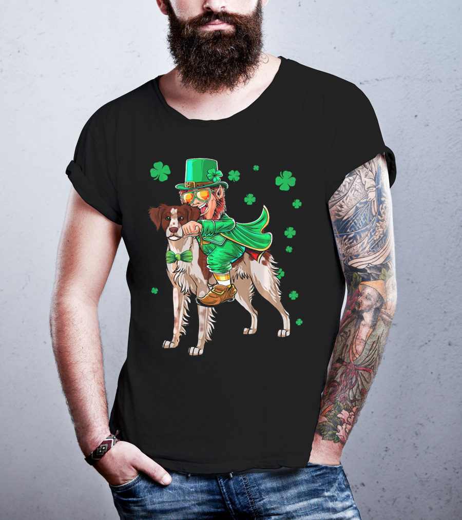Leprechaun Rides Brittany Spaniel With Shamrock Accents T-Shirt