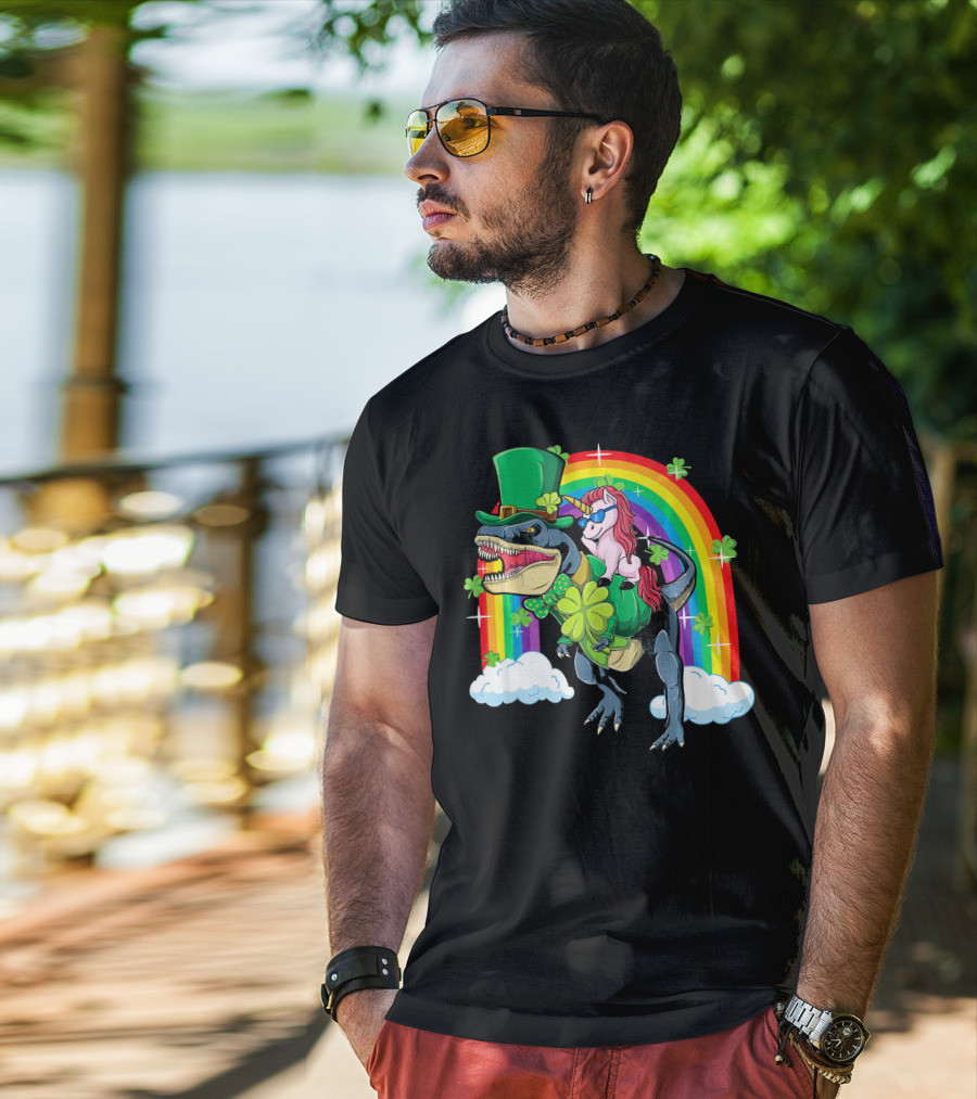 Unicorn Riding Dinosaur Leprechaun Rainbow Shamrocks T-Shirt
