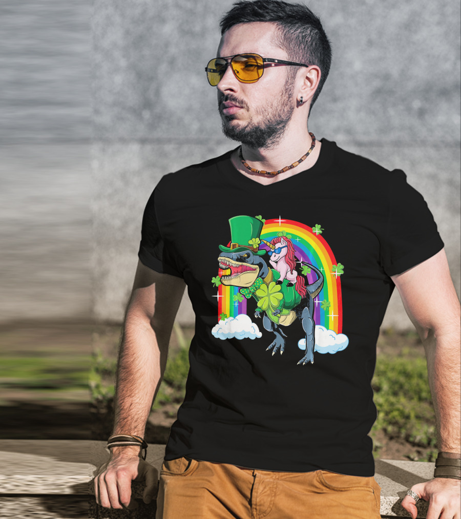 Unicorn Riding Dinosaur Leprechaun Rainbow Shamrocks T-Shirt
