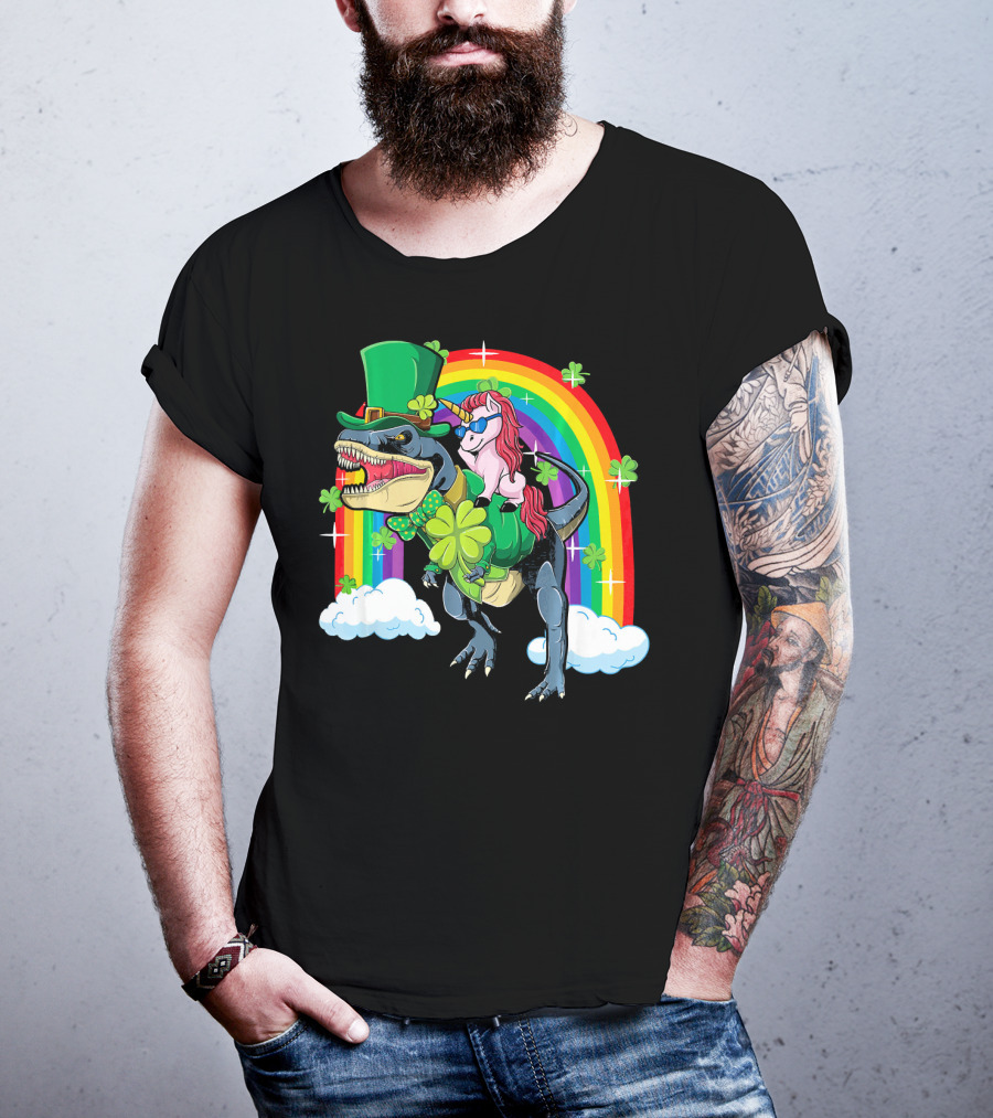 Unicorn Riding Dinosaur Leprechaun Rainbow Shamrocks T-Shirt