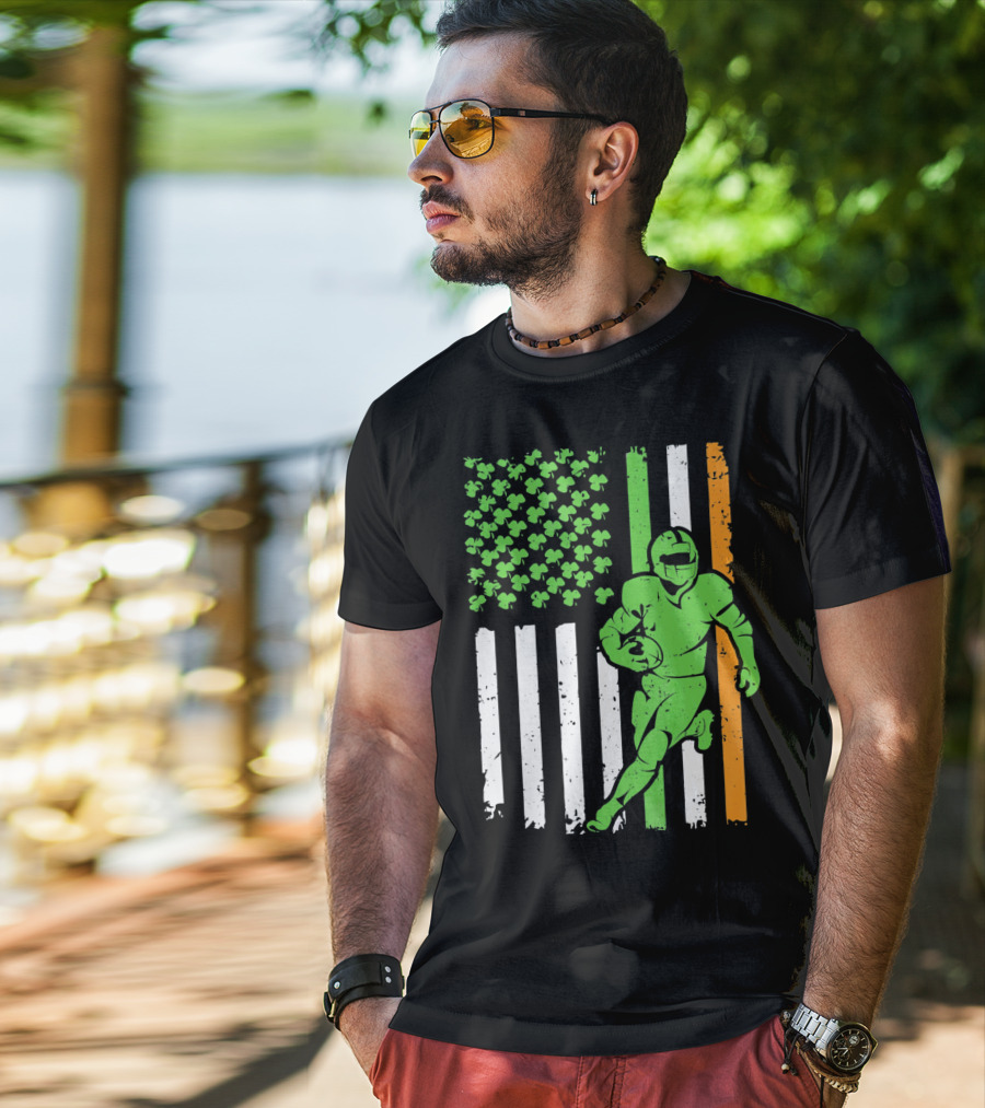 Irish American Football Flag St Patricks Day Shamrock Stripes T-Shirt