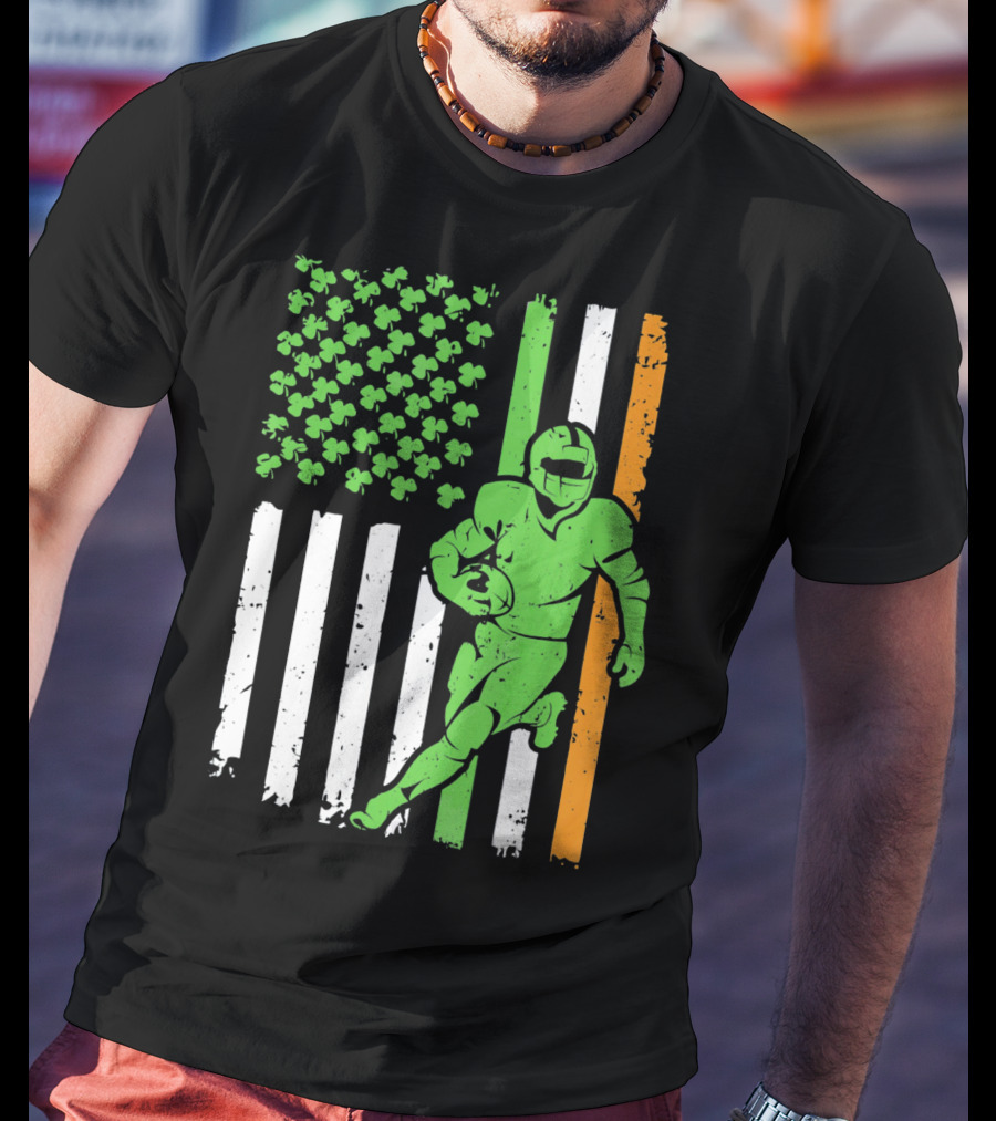 Irish American Football Flag St Patricks Day Shamrock Stripes T-Shirt