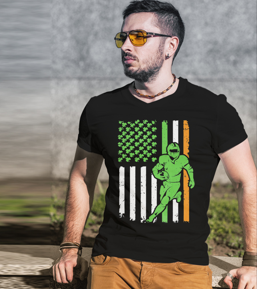 Irish American Football Flag St Patricks Day Shamrock Stripes T-Shirt