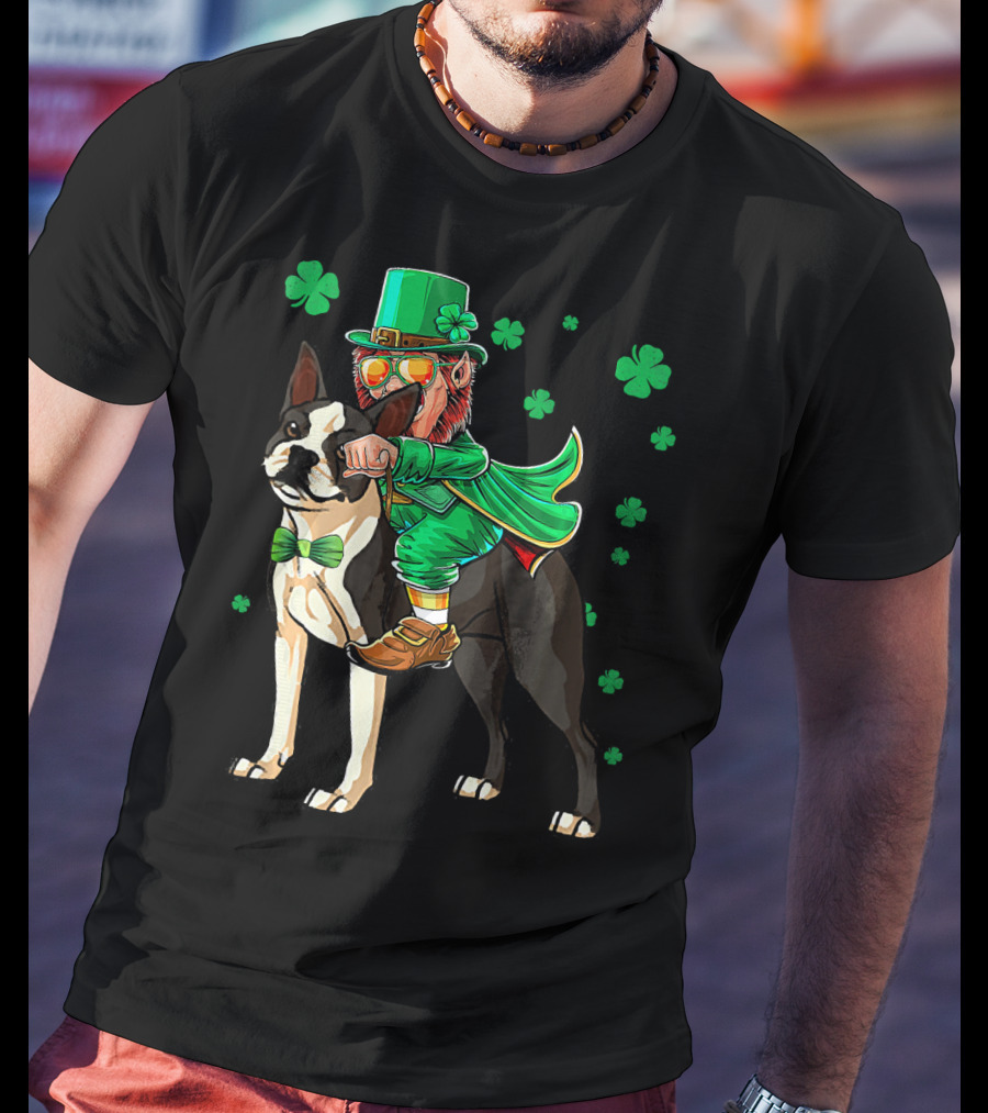 Leprechaun Riding Boston Terrier With Shamrock Accents T-Shirt