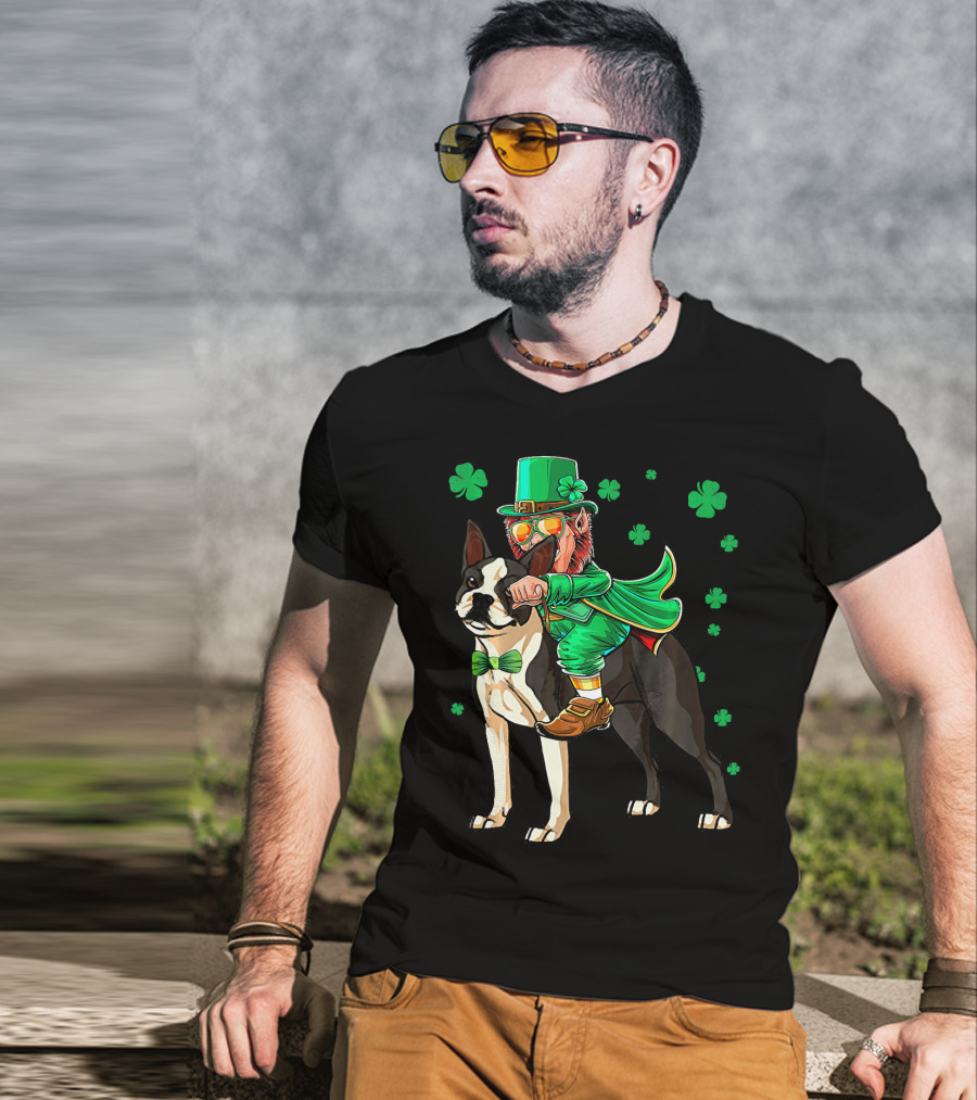Leprechaun Riding Boston Terrier With Shamrock Accents T-Shirt