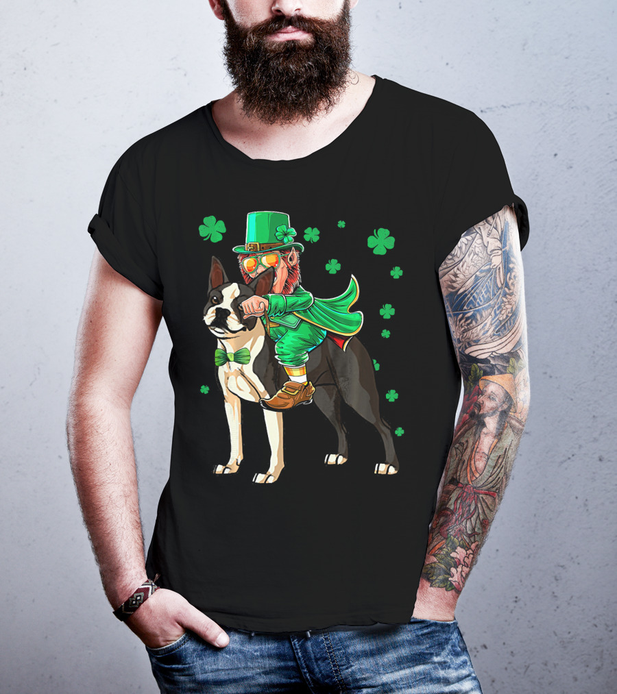 Leprechaun Riding Boston Terrier With Shamrock Accents T-Shirt