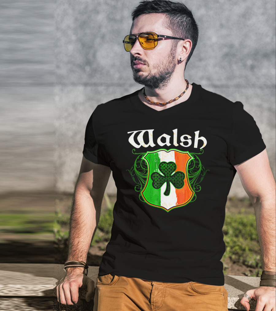 Walsh Surname Irish Shamrock Crest With Green White Orange Shield T-Shirt