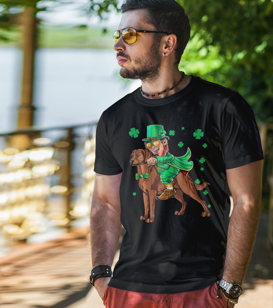 Leprechaun Riding Chesapeake Bay Retriever With Shamrocks T-Shirt