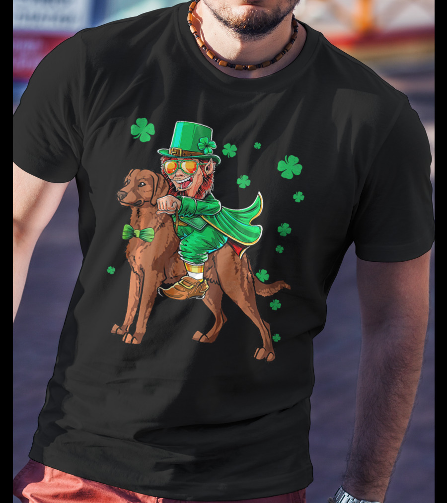 Leprechaun Riding Chesapeake Bay Retriever With Shamrocks T-Shirt