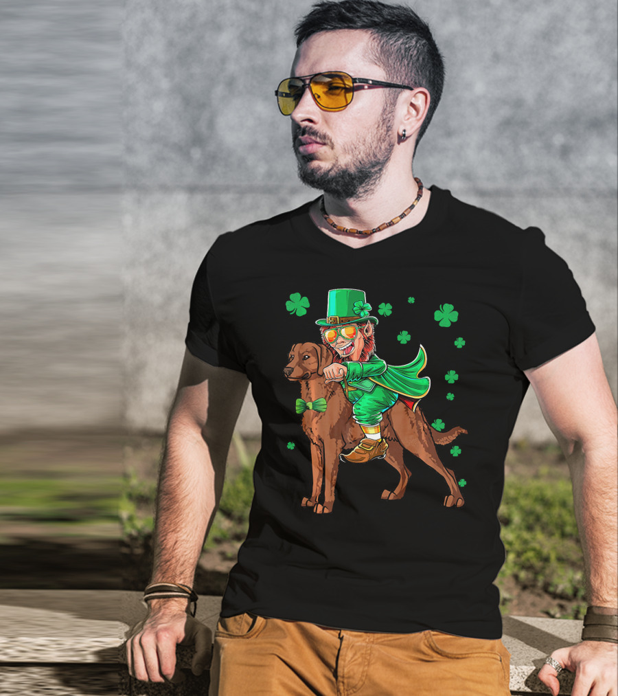 Leprechaun Riding Chesapeake Bay Retriever With Shamrocks T-Shirt
