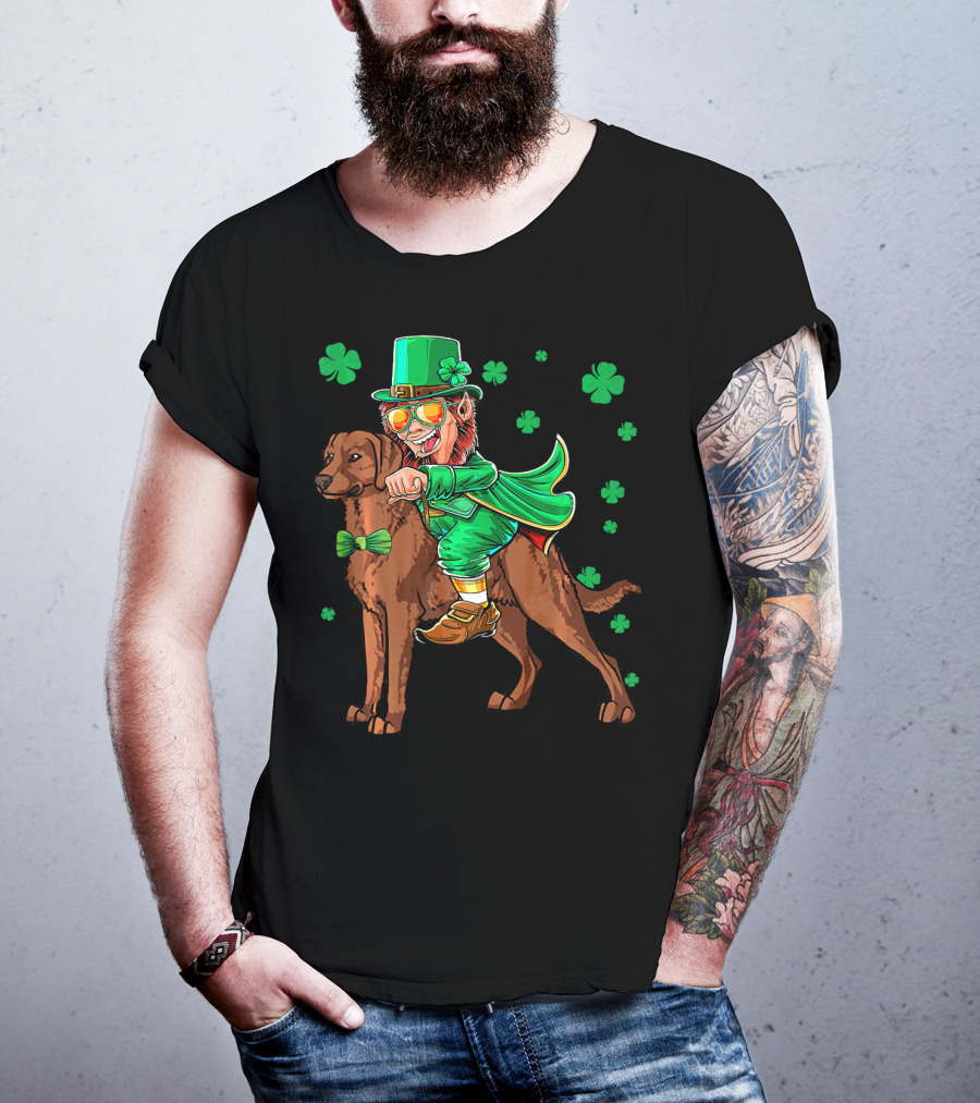 Leprechaun Riding Chesapeake Bay Retriever With Shamrocks T-Shirt
