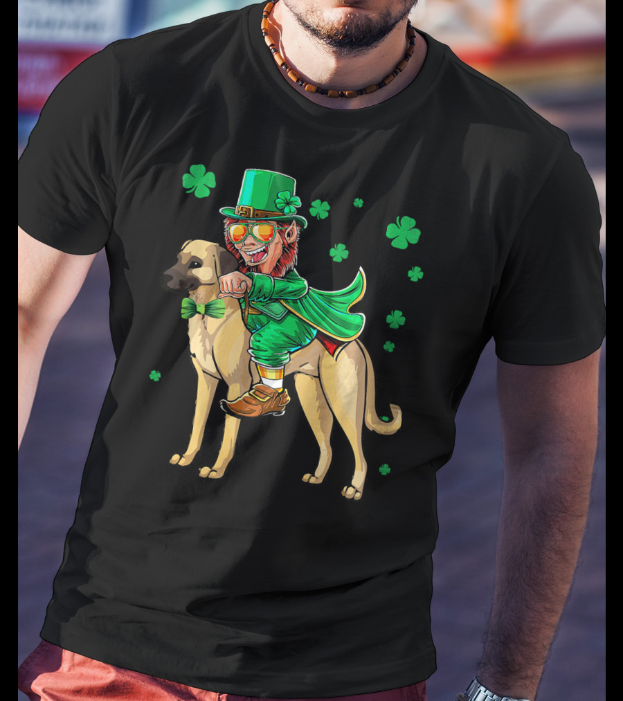 Leprechaun Riding Anatolian Shepherd With Shamrock Accents T-Shirt