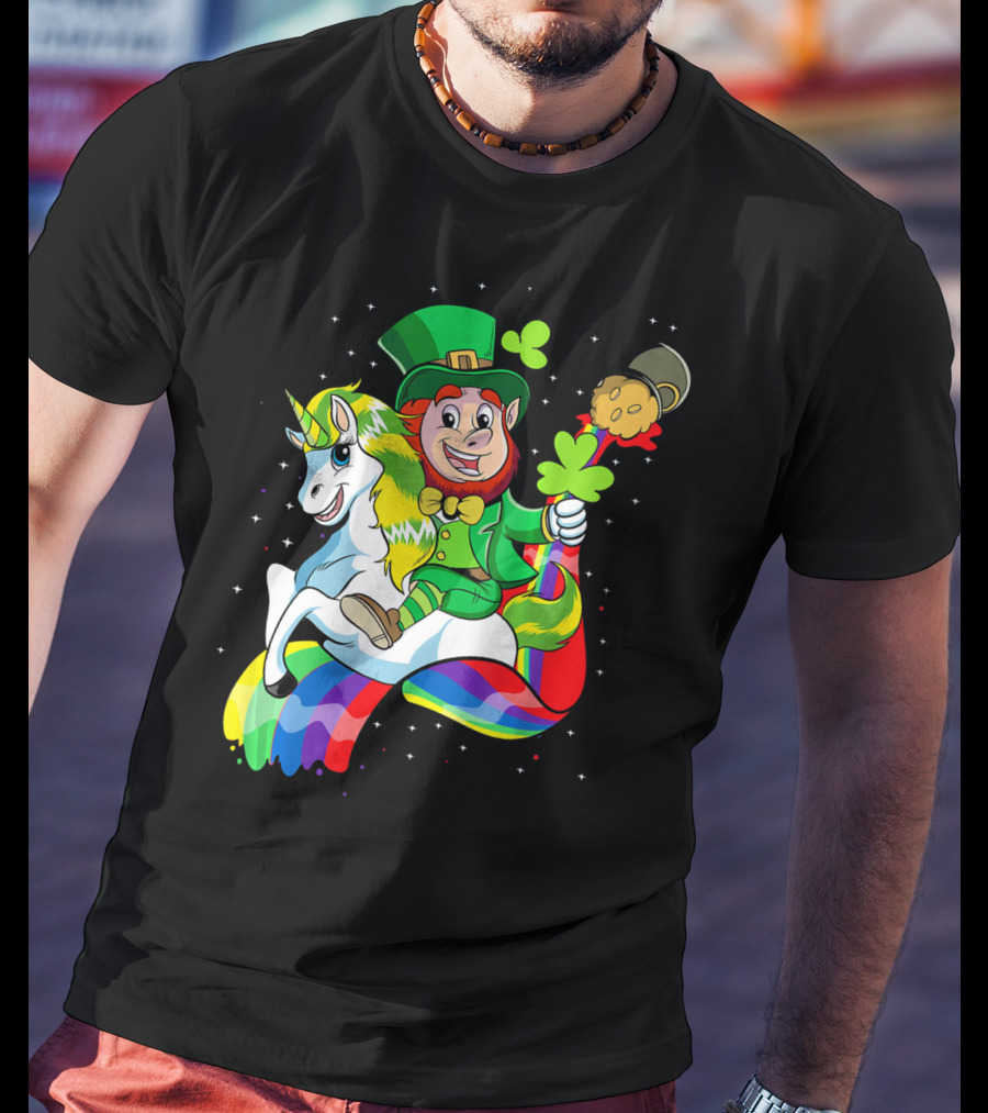 St Patricks Day Leprechaun Riding Unicorn With Rainbow Lucky Charms T-Shirt