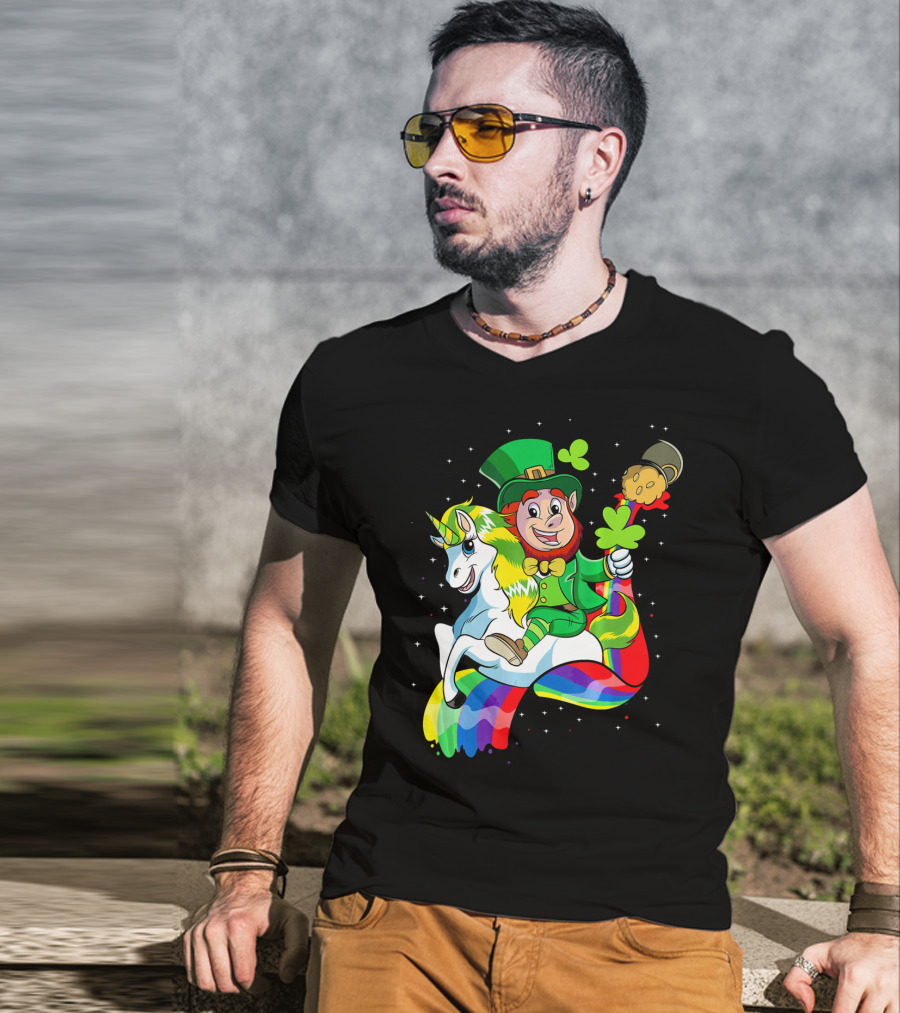 St Patricks Day Leprechaun Riding Unicorn With Rainbow Lucky Charms T-Shirt