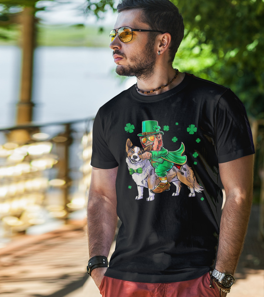 Leprechaun Riding Cardigan Welsh Corgi With Shamrocks T-Shirt