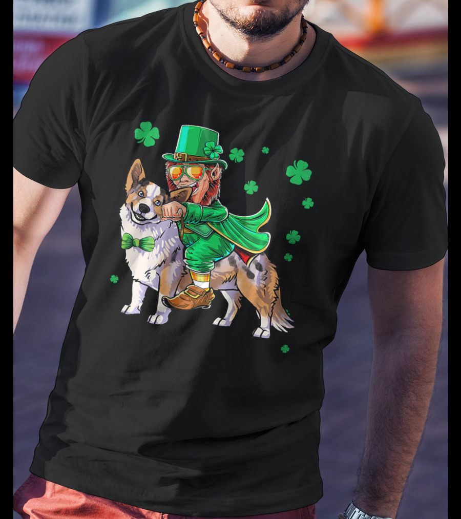 Leprechaun Riding Cardigan Welsh Corgi With Shamrocks T-Shirt