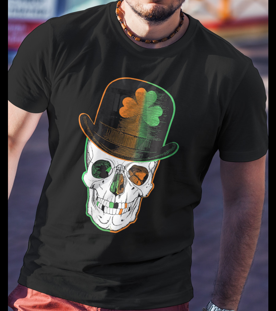 St Paddys Day Irish Leprechaun Skull Shamrock Hat T-Shirt